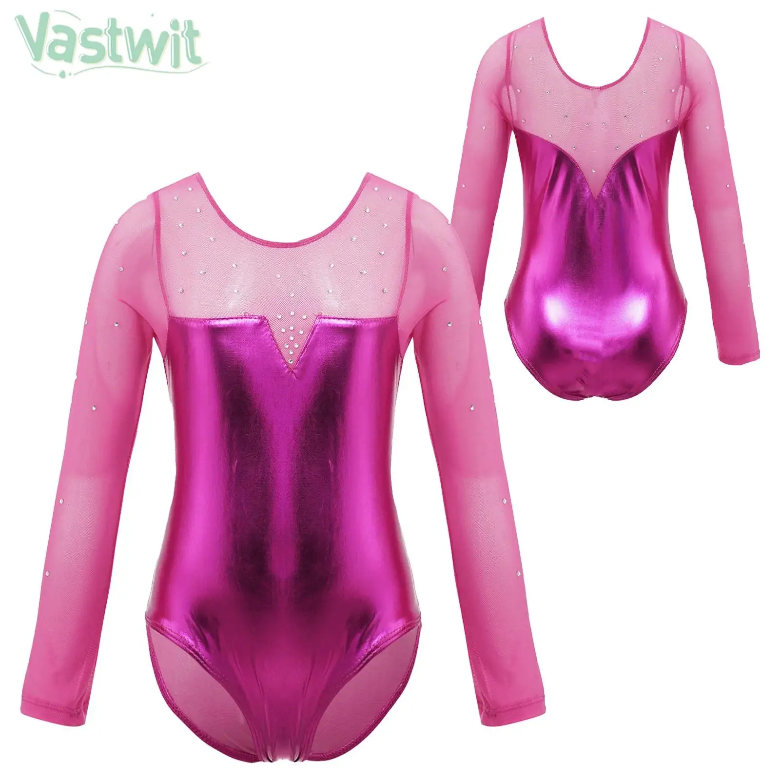 Girl Long Sleeve Shiny Rhinestone Gymnastic Bodysuit Ballet Dance Leotard Figure Skating Acrobatics Jumpsuit Sheer Mesh Bodysuit