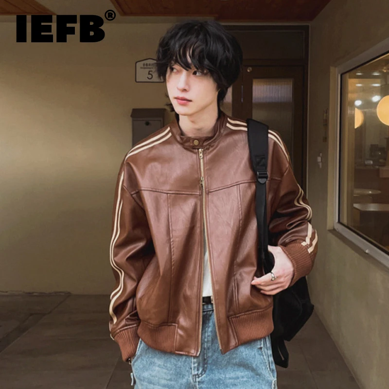 

IEFB High Street Men's Jackets Pu Leather Stand Collar Striped New Trendy Loose Male Shorts Coats Personalized Tops 2024 9C7901