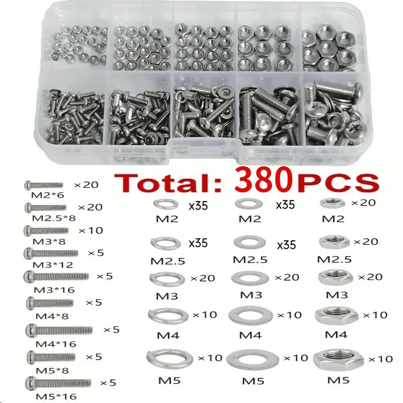 380pcs Hexagonal Nuts and Bolts Set | Durable M2 M2.5 M3 M4 M5 Metric Sizes, Stainless Steel, and Repair Hardware Tool Kit