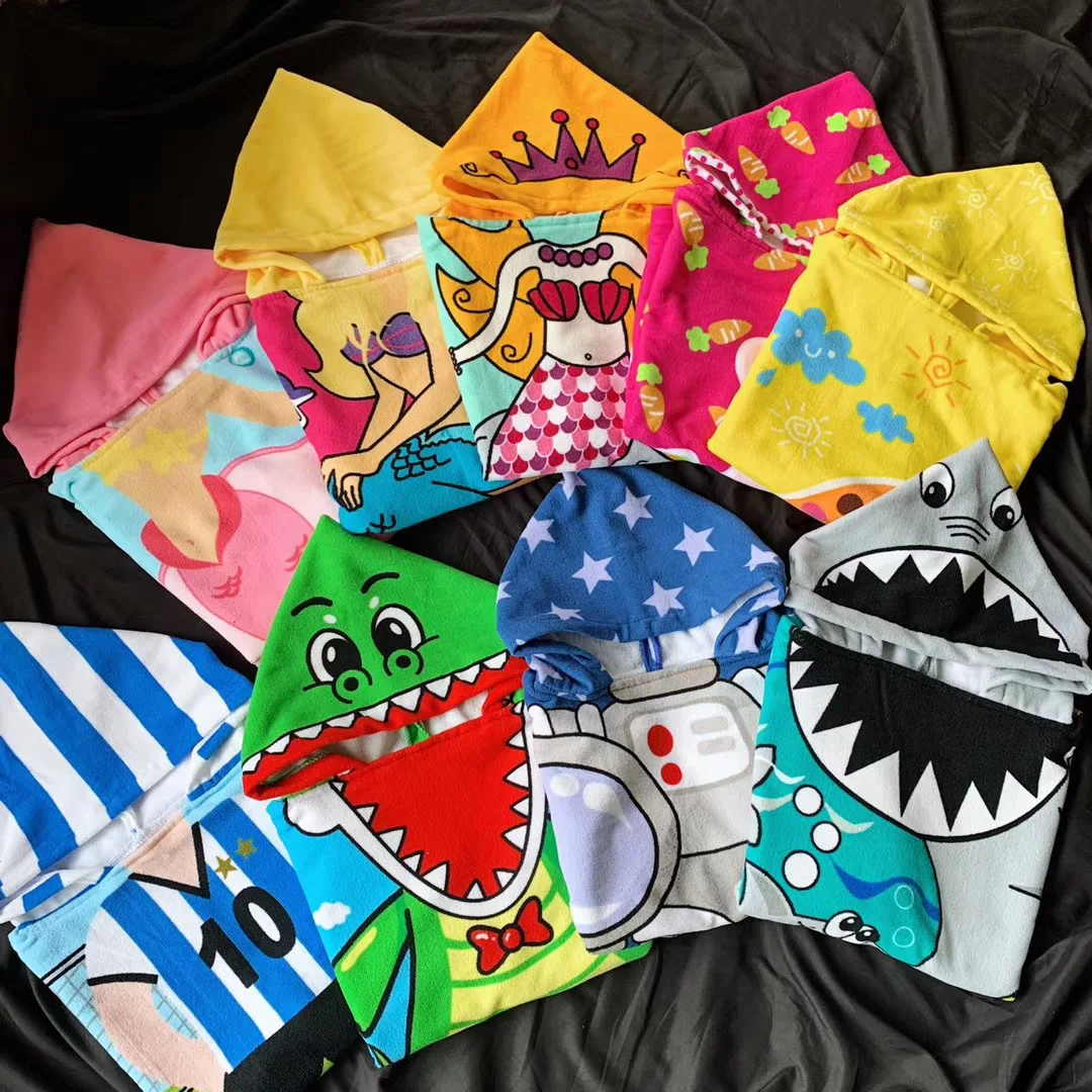 Children Baby Bath Towel Microfiber Cotton Hooded Beach Towel Cartoon Cape Towels Soft Swimming Beach Kids Bathing Stuff