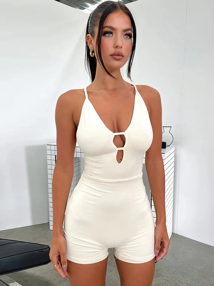 

Sibybo Basics Solid Color Tight Playsuit Women Summer Sleeveless Hollow Out Backless Slim Romper Streetwear Sexy Shorts Jumpsuit