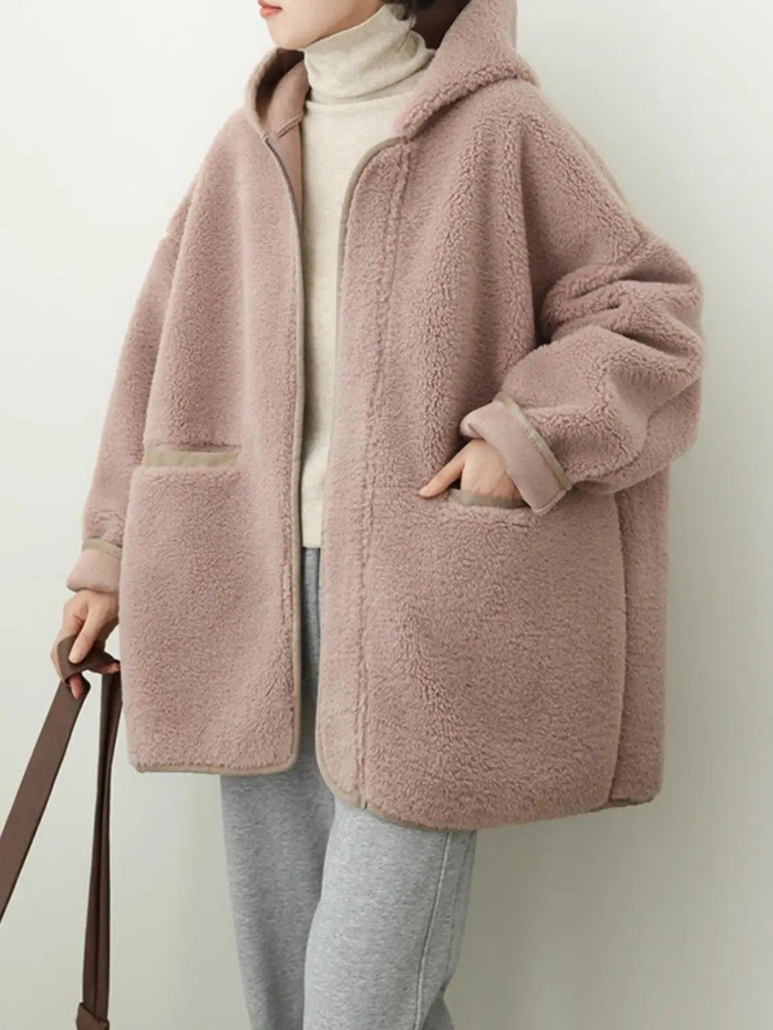 Abrigo forrado de Sherpa para mujer, chaqueta larga de gran tamaño con capucha de piel sintética, forro polar grueso y cálido con cremallera, prendas de vestir exteriores para calle, novedad de Otoño Invierno 2023