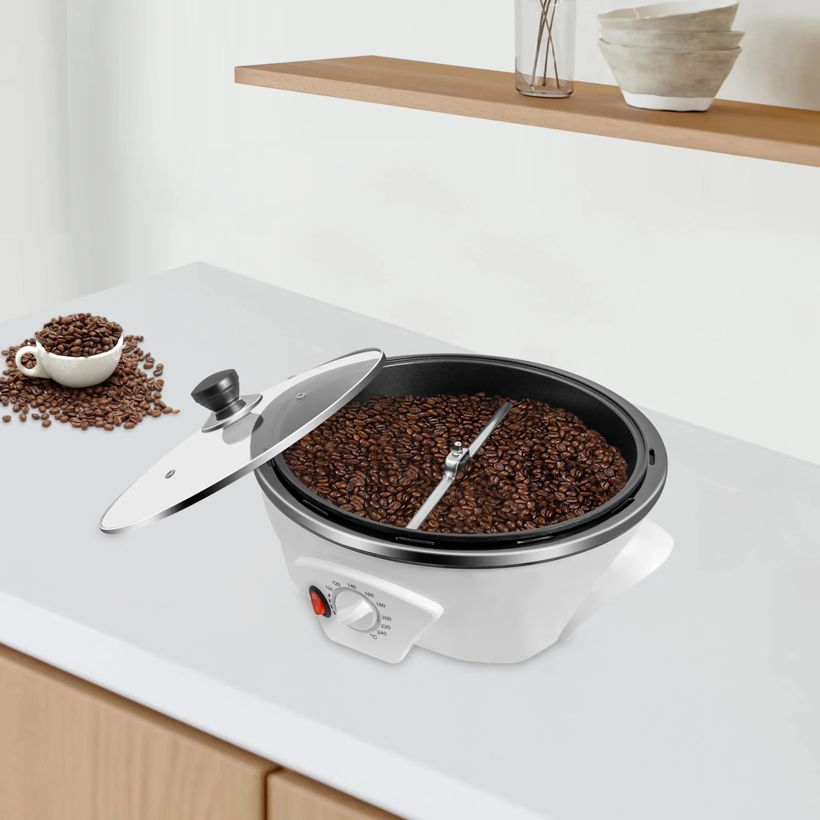 

800W White Electric Coffee Roaster Coffee Bean Baking Machine 500g/1.1lbs PP Glass Adjustable Temp 0-240°C Portable Easy Clean ﻿