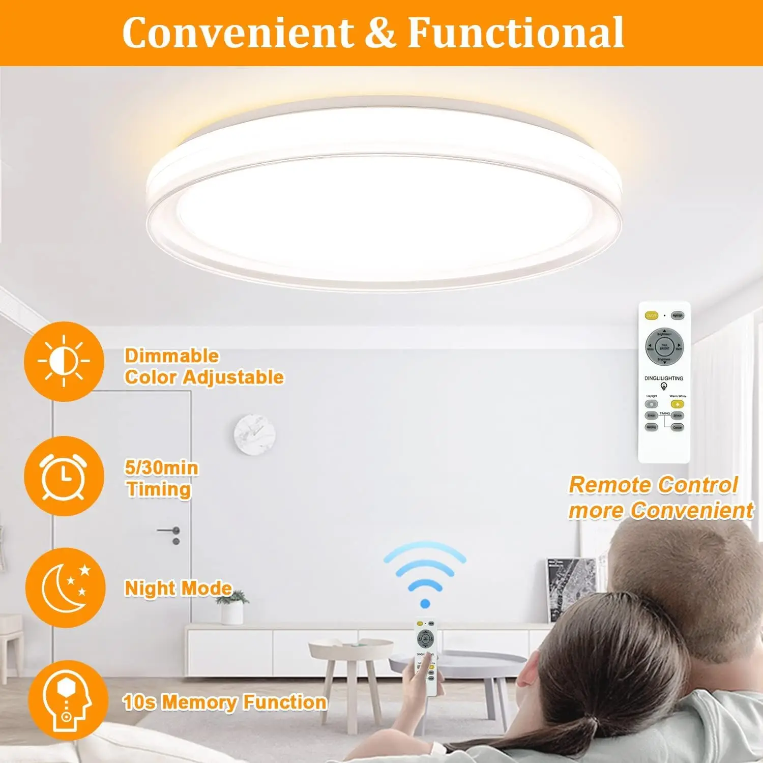 Dimmable LED Flush Mount Luz de teto com controle remoto, redondo perto de luzes de teto, luminária regulável, 18,9 ", 48W, regulável