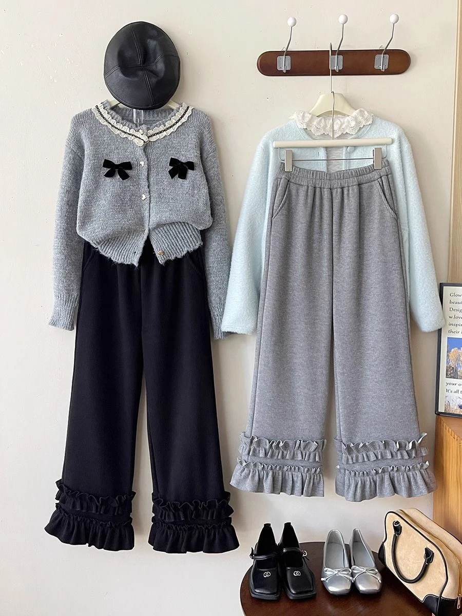 Spodnie damskie plus size na jesień i zimę, proste nogawki, wysoki stan, rozszerzane spodnie z koronkowym wykończeniem, ocieplane polarem, luźny krój, spodnie codzienne.