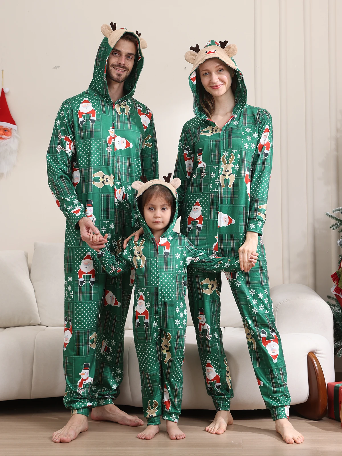 New Year's Costumes Cartoon Print Elk Ear Hooded Romper Mom Dad Kids Christmas Matching Pyjamas One-piece Suit Xmas Look Romper
