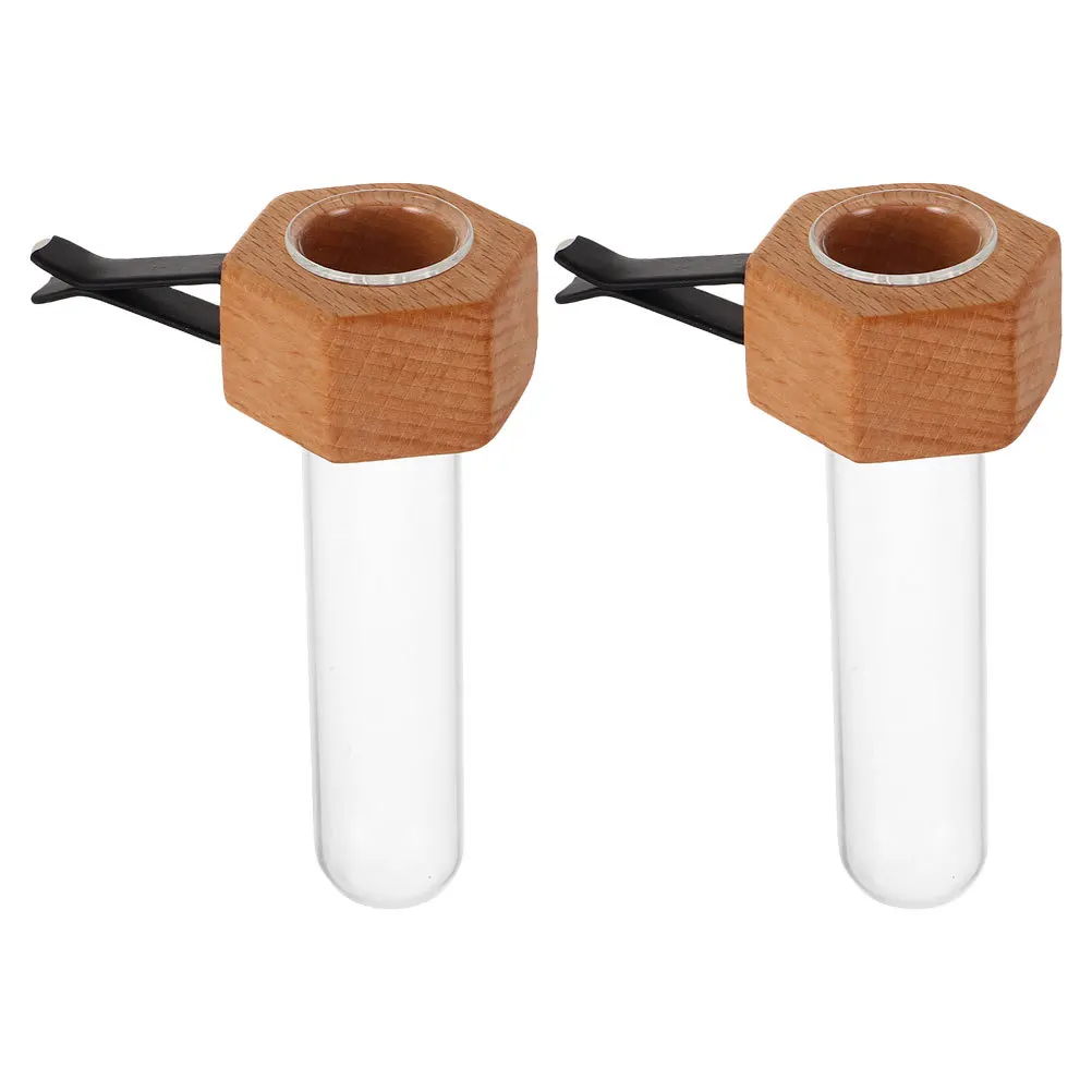 

2pcs Car Flower Vase Vent Clip Retro Wooden Air Vent Ornament With Glass Tube For Fresh Plants Hydroponics Universal Fit For