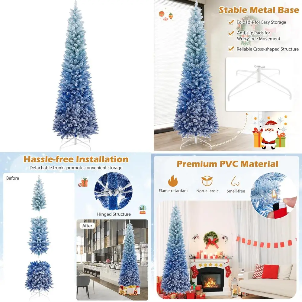 

7-футовая искусственная рождественская елка со снежинками и градиентными синими листьями, 725 советов, складная, на петлях для легкой настройки и хранения вещей