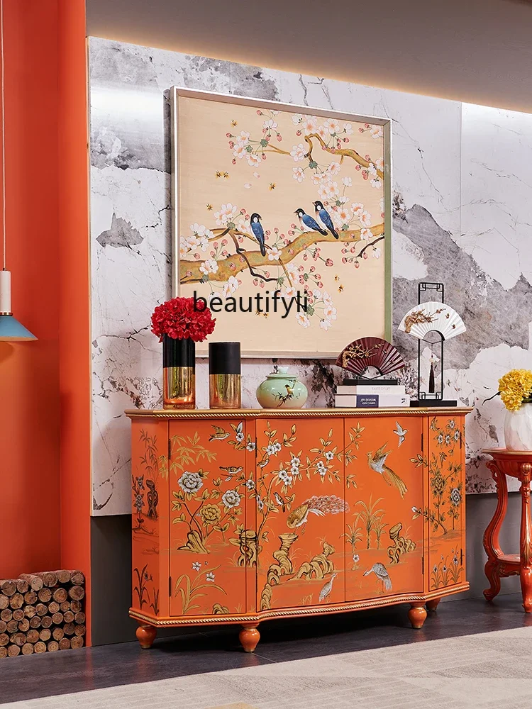 European Style Painted Home Living Room Hallway Decoration Hall Cabinet Chinese Style Orange Flower and Bird Sideboard Cabinet