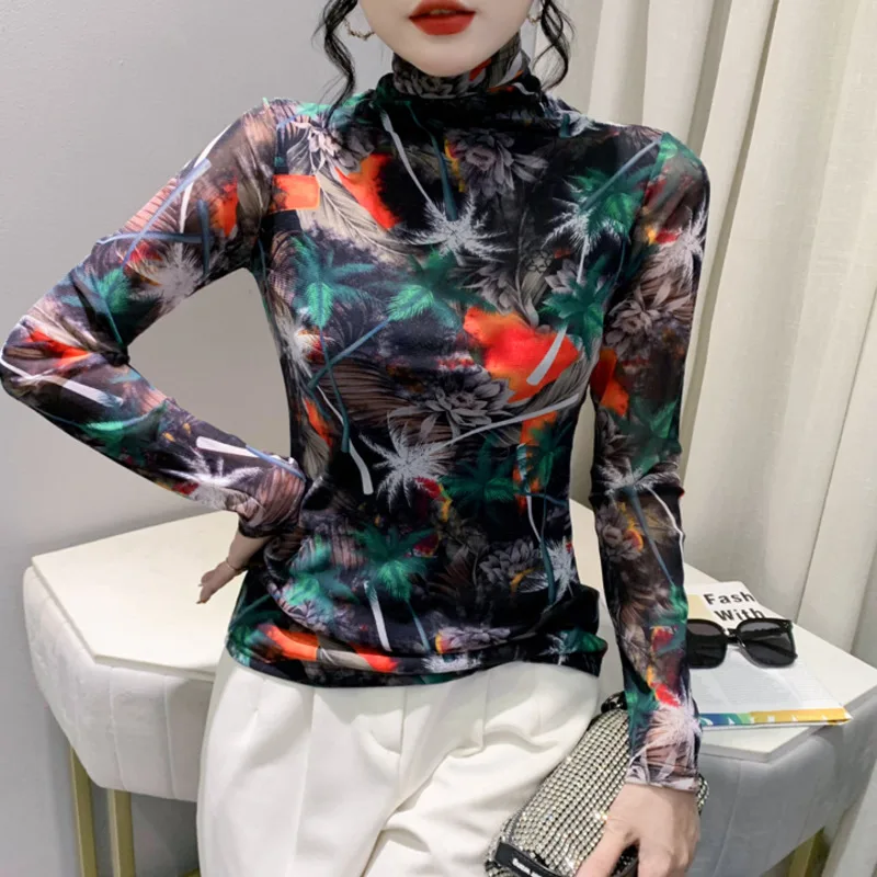 

#8250 Flower Printed Black Mesh T Shirt Women Long Sleeve Sexy Thin Women's Tee Shirt Tight Stretch Turtleneck T-shirt Femme