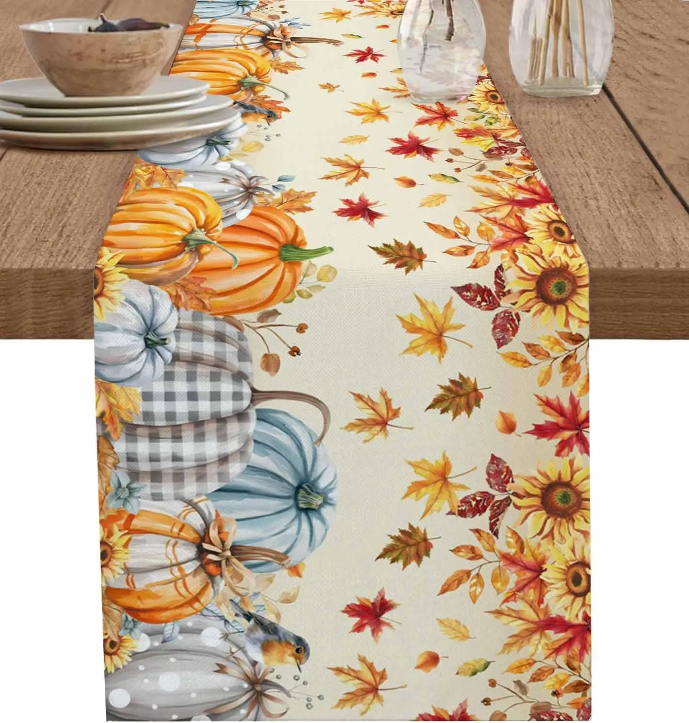 Fall Pumpkin Maple Leaves Sunflower Linen Table Runner Home Decor Autumn Harvest Kitchen Dining Table Runners Thanksgiving Decor