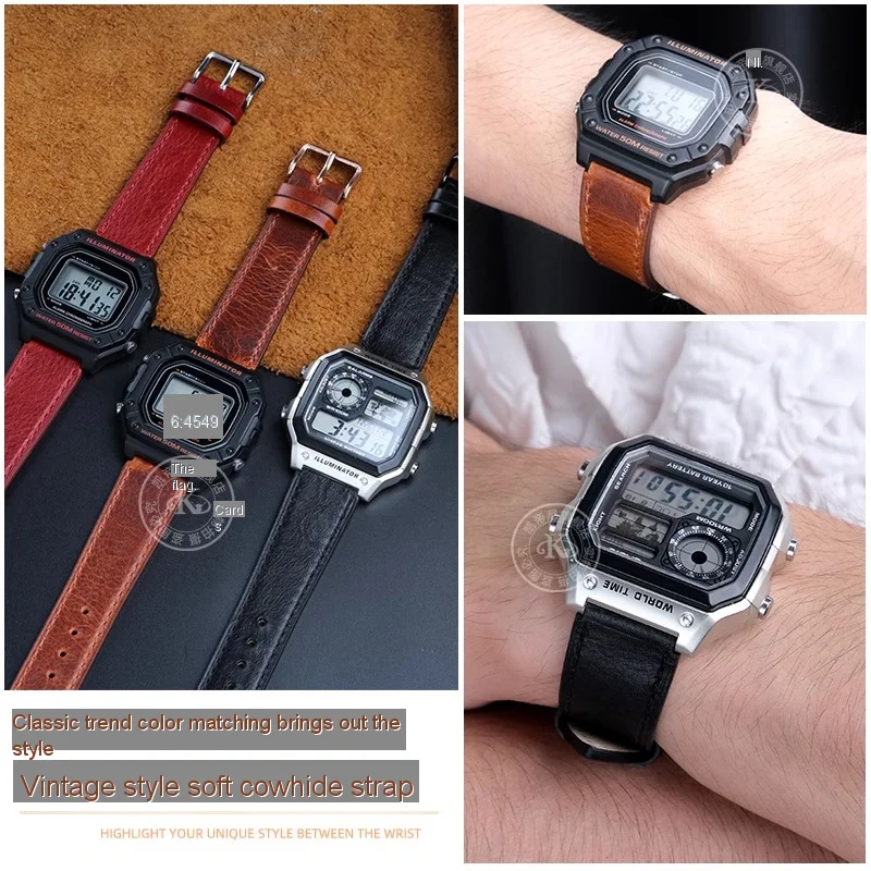 Ae1200 pulseira de couro retrô para casio AE-1200WH/1300/1000 pulseira a159 a158w a168 f91w pulseira de relógio vintage 18mm peças