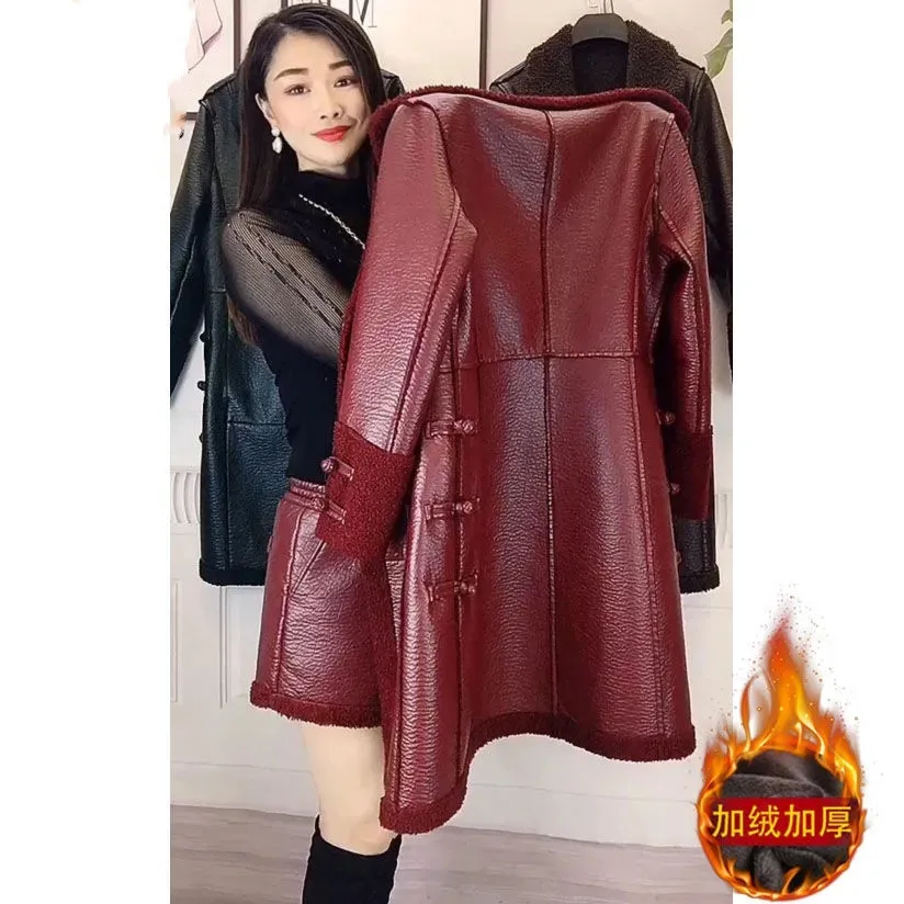 Coat Women Winter Loose Long PU Leather Jacket Thick Warm Lambswool Faux Leather Coat Female Chaqueta Cuero Mujer 5XL Red Black