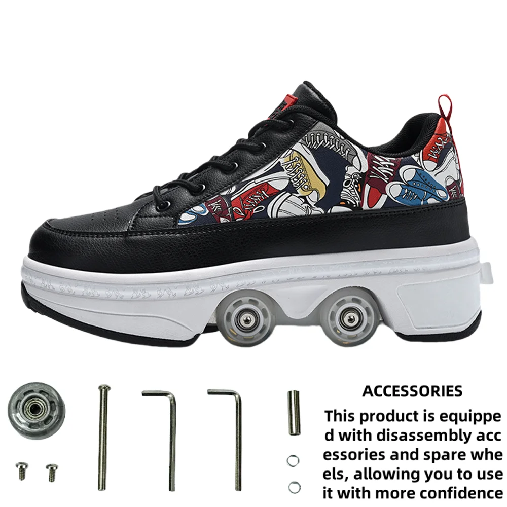 4 Wheel Telescopic Deformation Shoes With Brakes, Swivel Buckle Roller Skates, Breathable Mesh Sneakers Skates For Men And Women