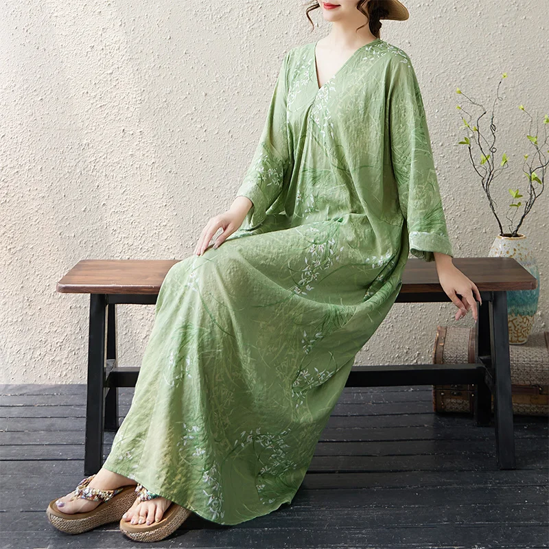 

Большие размеры V-Ne Long Sve, хлопок и лен, свободный утягивающий принт, женский осенний тонкий хлопок, полиэстер, повседневный Dr