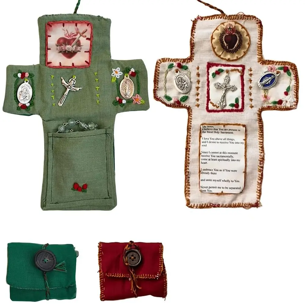 クロスが内側に付いたポケット神社、銀製の手作り縫製アクセサリー、手作りの祈りの布団、ミニ旅行神社ポーチ