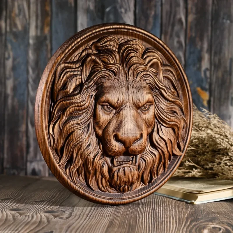 Lion Head Wood Carving Crafts, Wall Hanging Plaque, Retro Style, Animal Carving, Home Decor