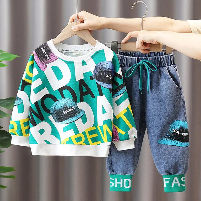 2026 New Kids Clothes Set Boys Trendy Letter Print Sweatshirt + Denim Pants 2 Piece Casual Spring Autumn Children Fashion Outfit