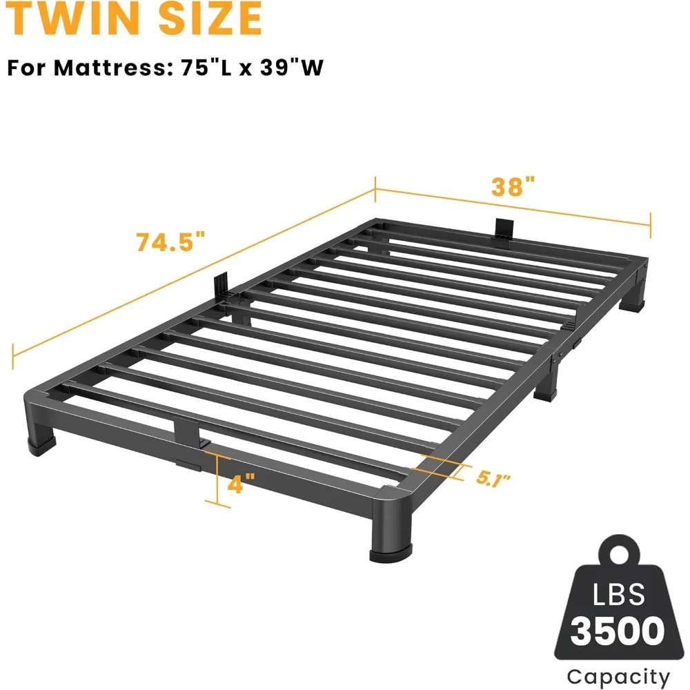 Cadre de lit double de 4 pouces à profil bas, cadre de lit à plate-forme en métal robuste avec pieds d'angle ronds, base de matelas robuste, sans Bo