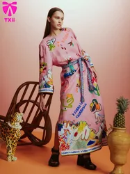 2024 Autumn/Winter New Retro Printed Trumpet Sleeve Women's Fashion New Casual Elegant Dress Fashion Belt Dress