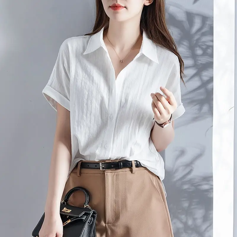 100% Pure Cotton White Shirt for Women\'s Short Sleeve 2024 Summer New Thin Loose Slimming Stylish Versatile Commuting Casual Top