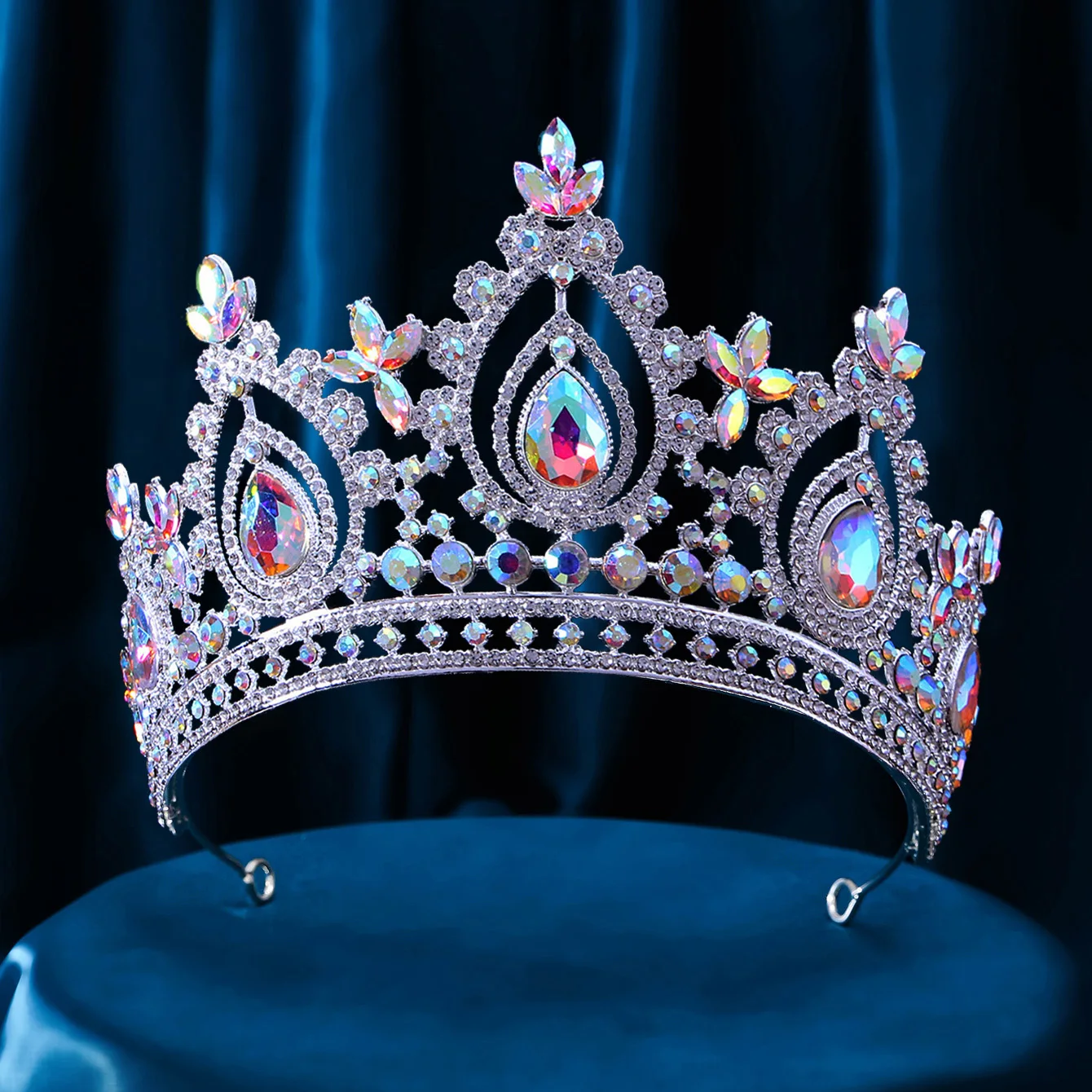 Corona de boda de Reina Real Alta para mujer, Tiaras de cristal de colores plateados para banquete, disfraz de fiesta, accesorios de joyería para el cabello