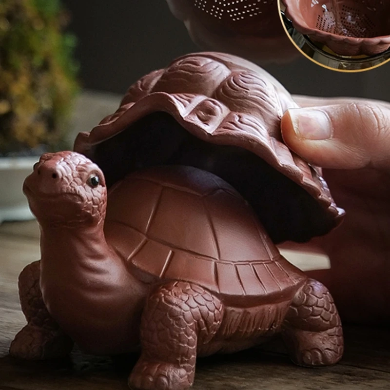 

creative tea pet real yixing zisha purple clay turtle statue filter net handmade artware ornament table tank decoration on sales