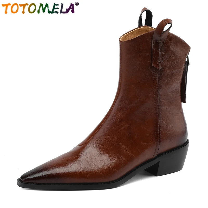 

TOTOMELA Size 34-46 New Genuine Leather Ankle Boots Women Shoes Pointed Toe Zipper Block Mid Heels Retro Ladies Western Boots