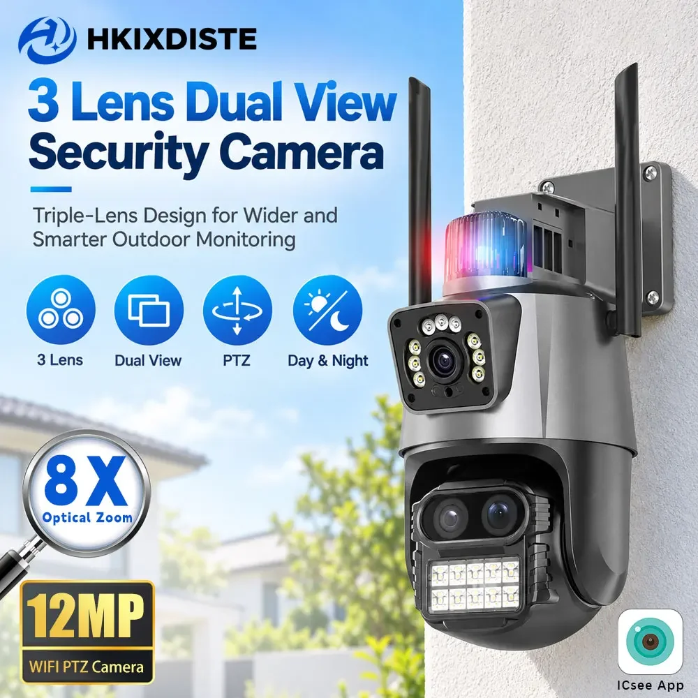 Three-Lens Dual Screen 6K 12MP Outdoor Wifi Camera PTZ Camera ICSee Auto Tracking 4K 8MP Video Surveillance Police Light Alarm