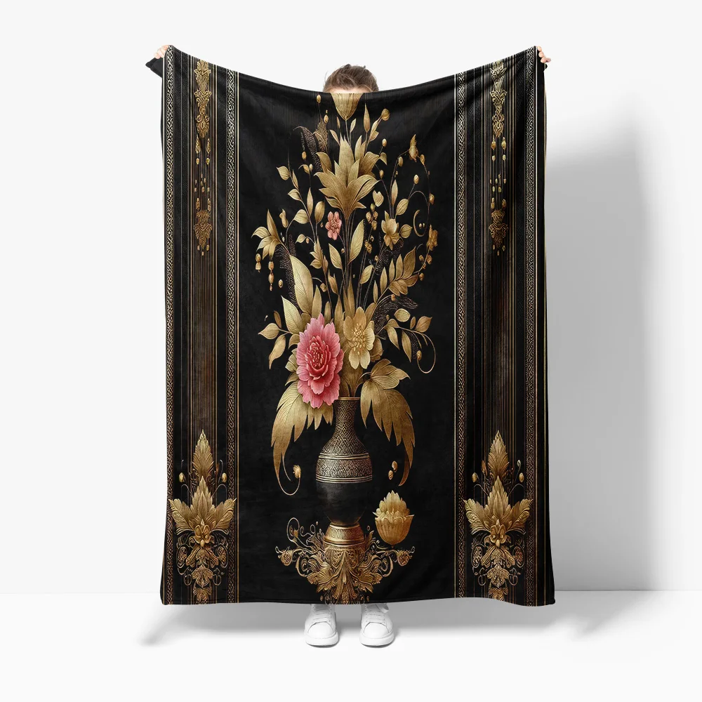 

Черное бархатное одеяло с цветочным узором и элегантными золотыми линиями, диван-кровать, декор для гостиной, подарок