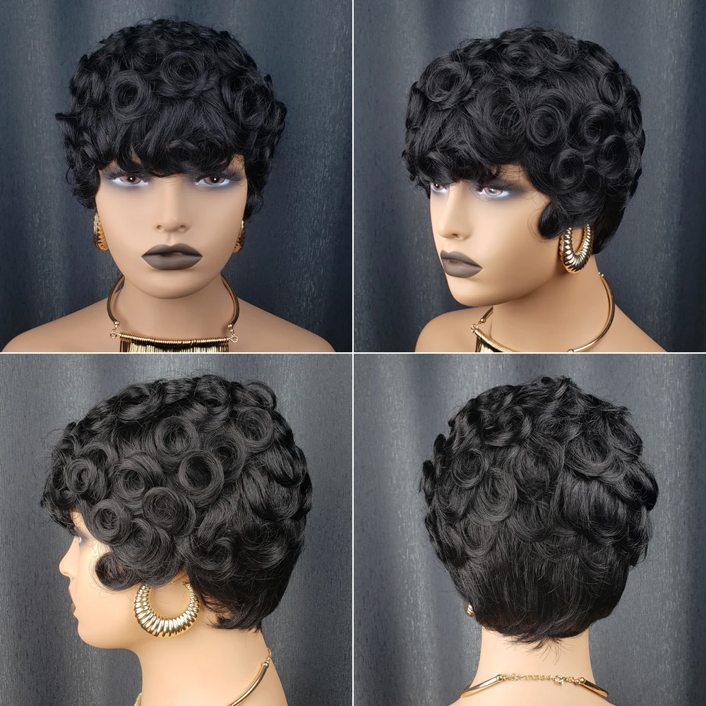 مجعد عابث قطع شعر مستعار للنساء أسود الطبقات قصيرة عابث قطع خصلات الشعر المستعار الإنسان البرازيلي عابث قطع آلة صنع 100% باروكة من شعر طبيعي