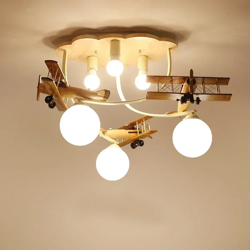 Creative Wooden Plane Lamp Airplane Shaped Chandelier Light for Kids Bedroom Nursery Ceiling Mounted LED E27 Boy's Room Lighting