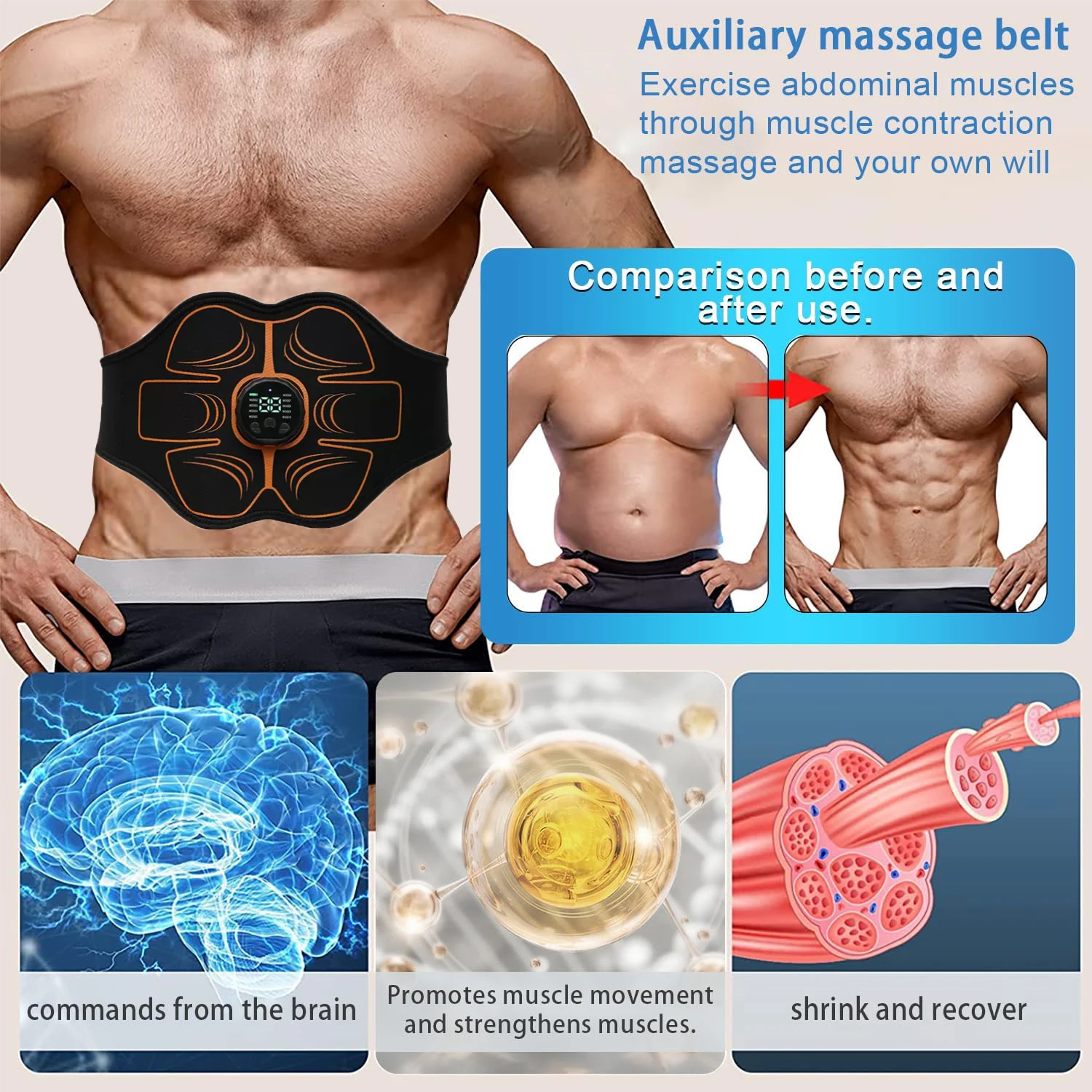 ABS Stimulator EMS Muscle Stimulator Ab Machine Portable Abdominal Belt Electronic Pulse Massager Home Office Fitness Workout