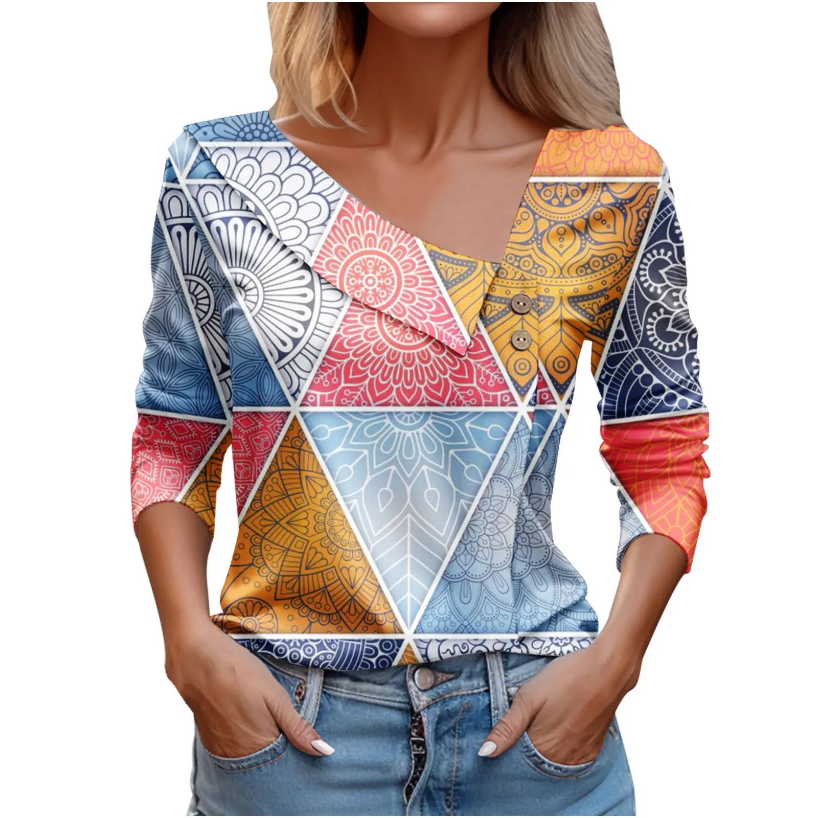 Fashionable Patchwork Women's Shirt 2023 New Grace Casual Loose Fitting Long Sleeved Shirt Women's Temperament Printed Top