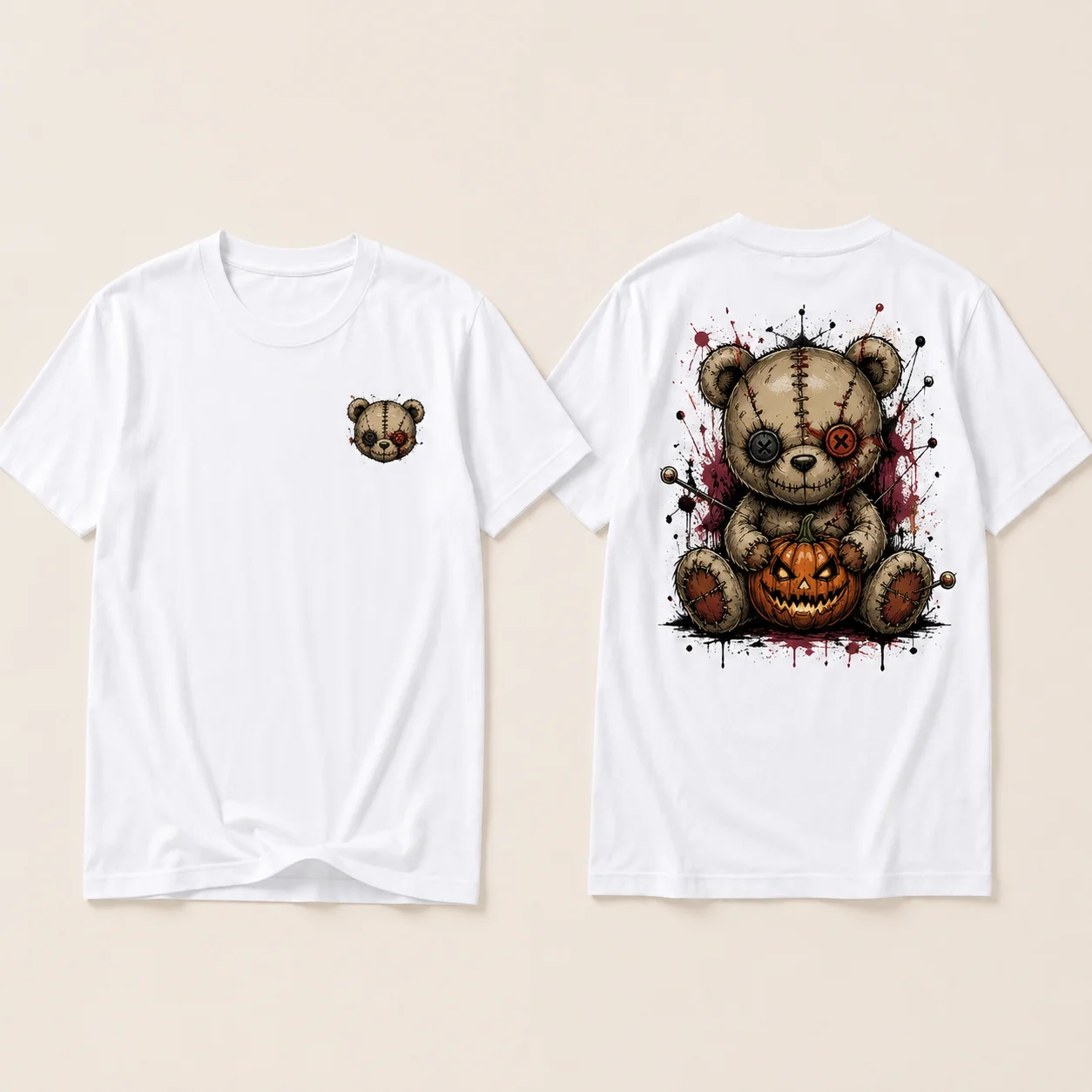Horror Creepy Bear Halloween Tee 100% Cotton Chest Bear Head Large‑Back Teddy Pumpkin Print Unisex Short‑Sleeve Holloween Wear