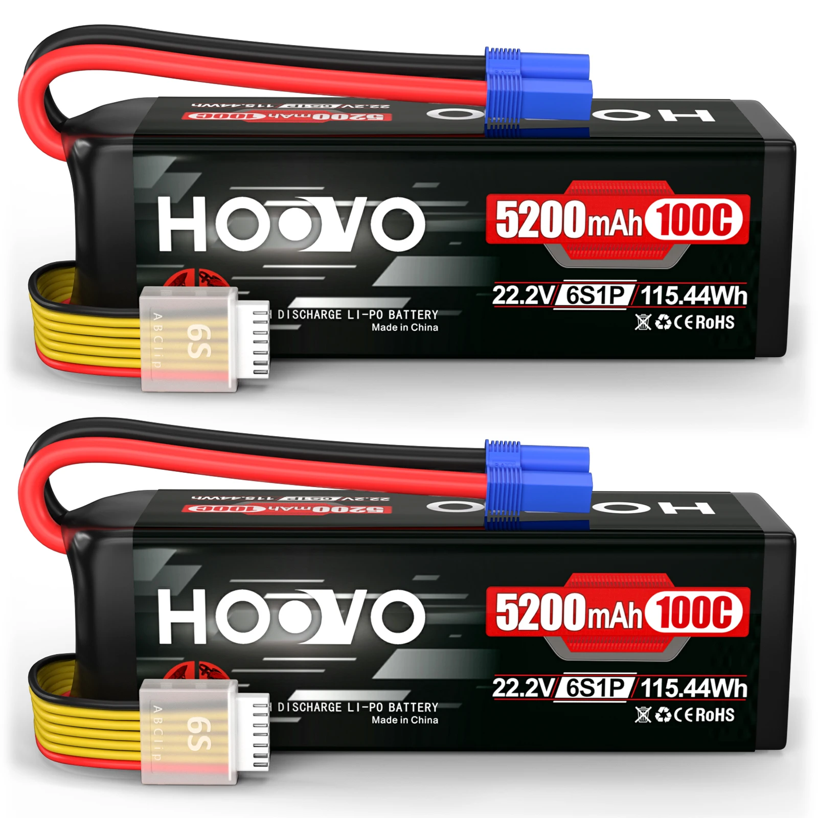 HOOVO 2Pcs 6S Lipo Battery 22.2V 100C 5200mAh with EC5 Connector for RC Car Truck Truggy Buggy Tank RC Airplane Helicopter Boat