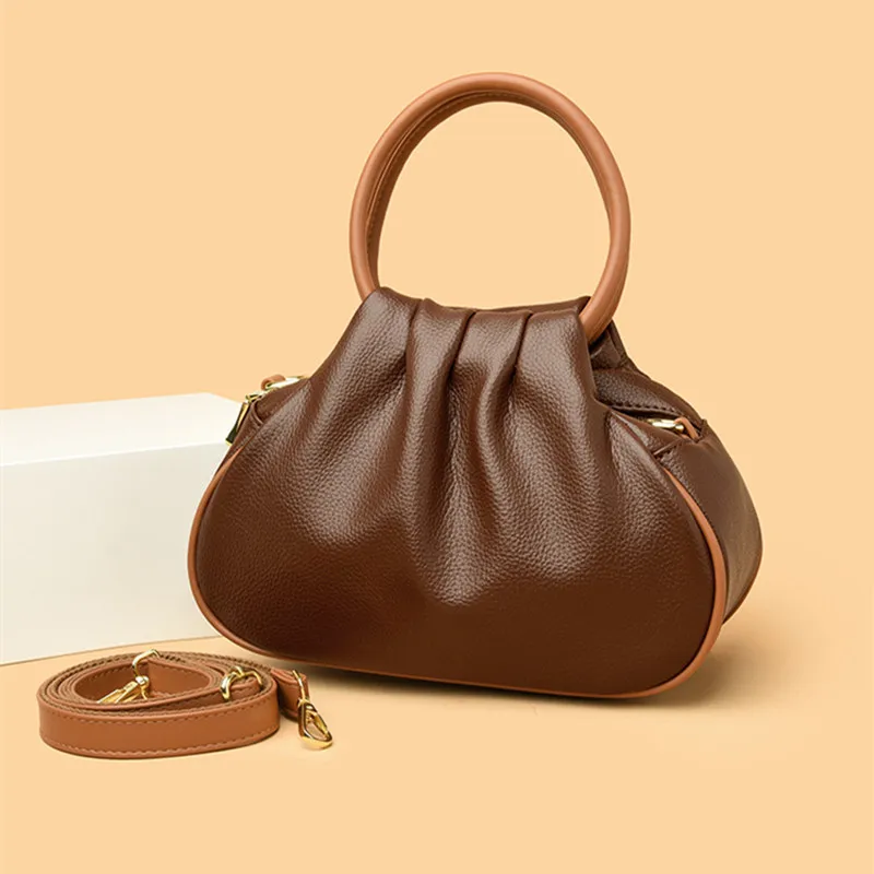 

2025 Luxury Round Handle PU Leather Fold Cloud Women Handbag High-end Designer Trendy Lady Messenger Shoulder Bag Commuting Bag