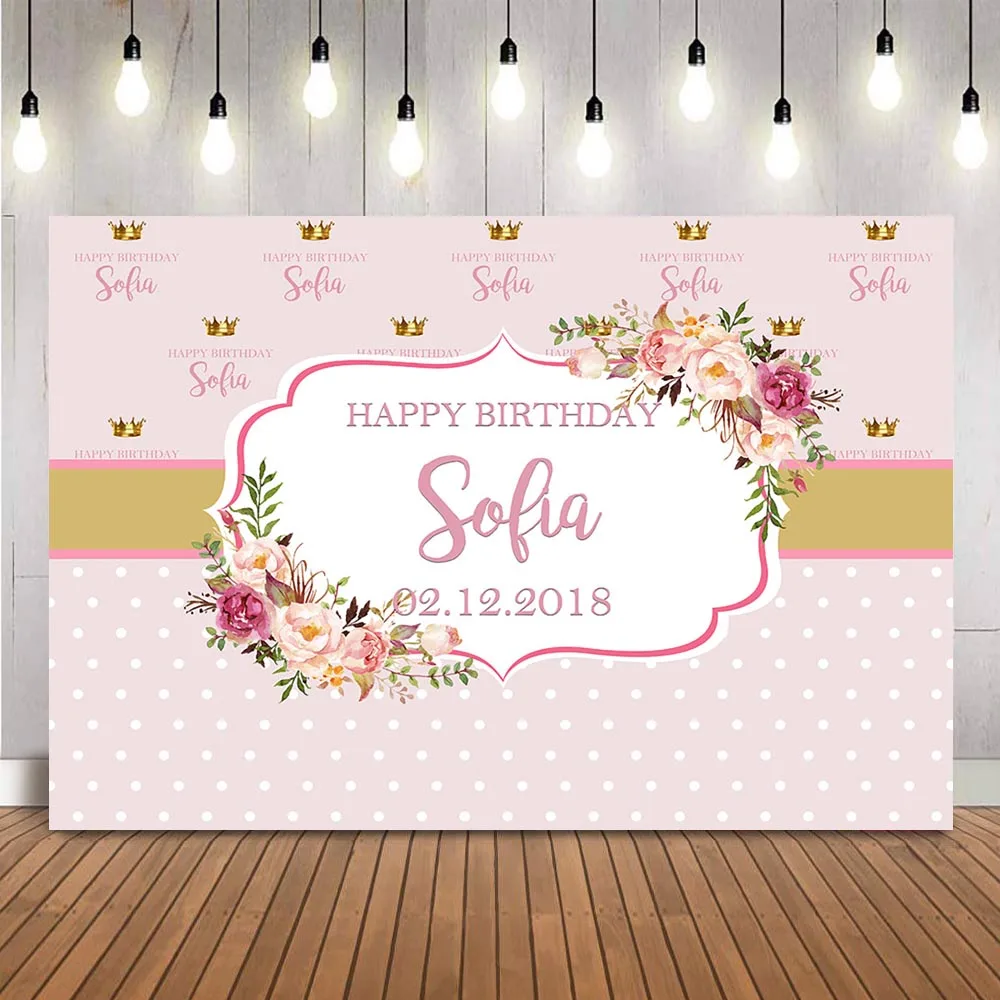 Pink Flower Gold Glitter Photography Backdrop Polka Dots Girls Happy Birthday Backgrounds Photo Floral Photocall Royal Crown