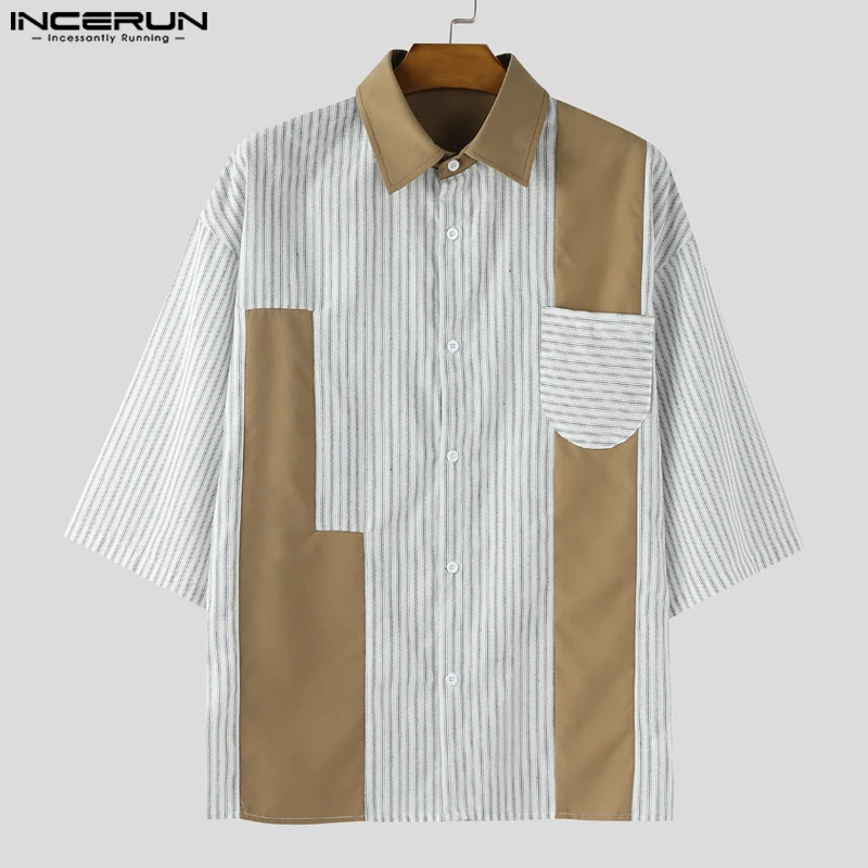 INCERUN Camicia da uomo a righe patchwork risvolto mezza manica allentata casual abbigliamento uomo streetwear estate 2025 camicie maschili stile coreano