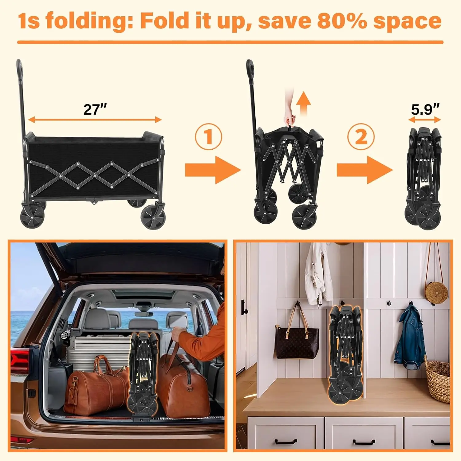 Opvouwbare wagenwagen met wielen, capaciteit van 360 lbs, lichtgewicht voor kamperen, reizen, picknicken, winkelen, sportopslag