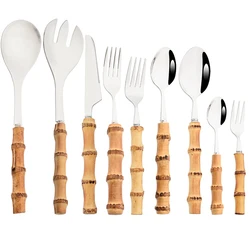 Vintage Stainless Steel Flatware Serving Salad Fork Spoons Dinnerware Bamboo Handle Cutlery Kitchen Accessories Tableware Set