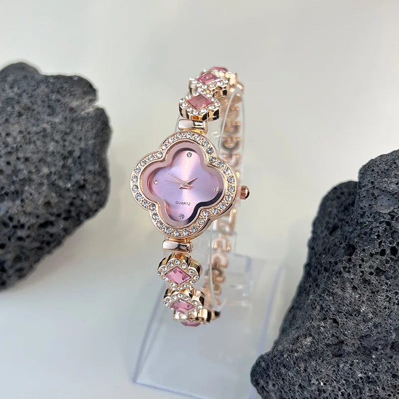 Ladies Classic Fashion Quartz Watch Four-leaf Clover Embedded Diamond Colorful Rhinestone Elegant Alloy Bracelet