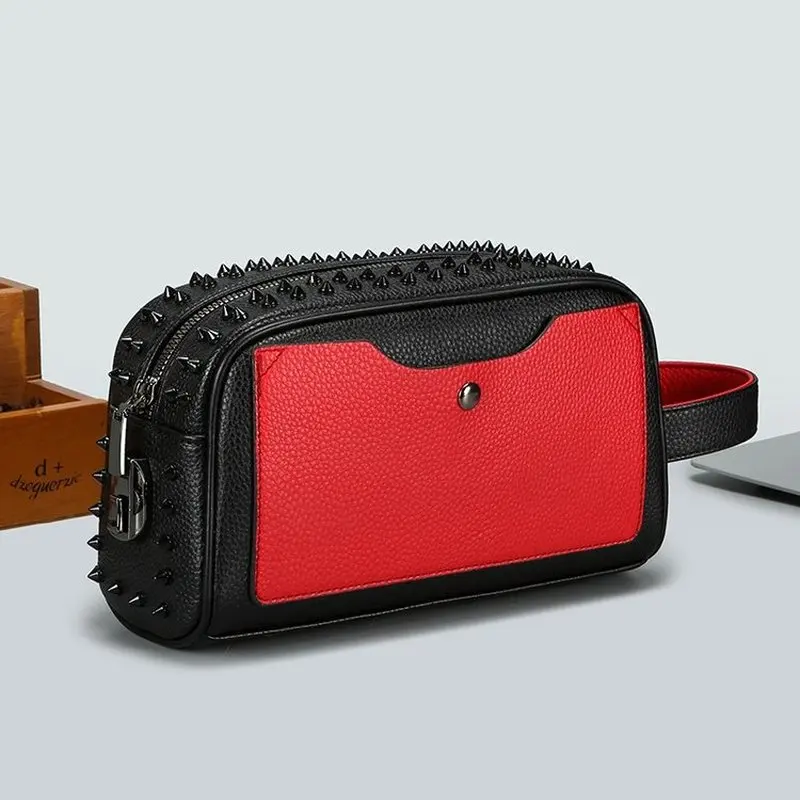 Fashionable Punk Rivet Clutch Bag PU Leather Black Yellow Contrast Color Travel Toiletry Makeup Organizer with Handle Zipper