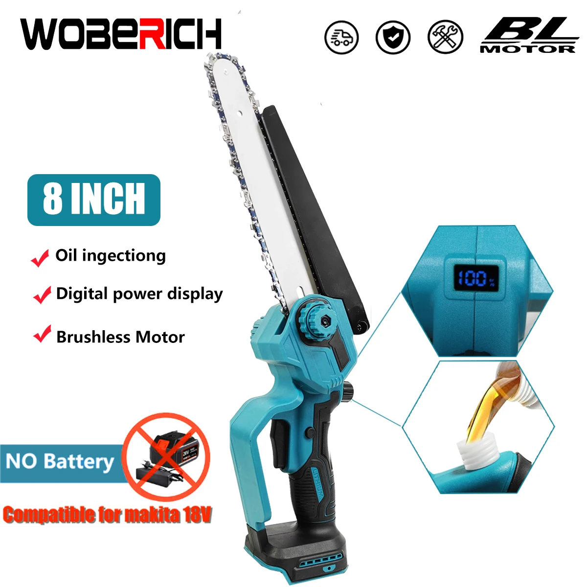 

8 Inch Brushless Chain Saw Mini Handheld Pruning Chainsaw Woodworking Electric Saw Cutting Tools(No battery) For Makita 18V