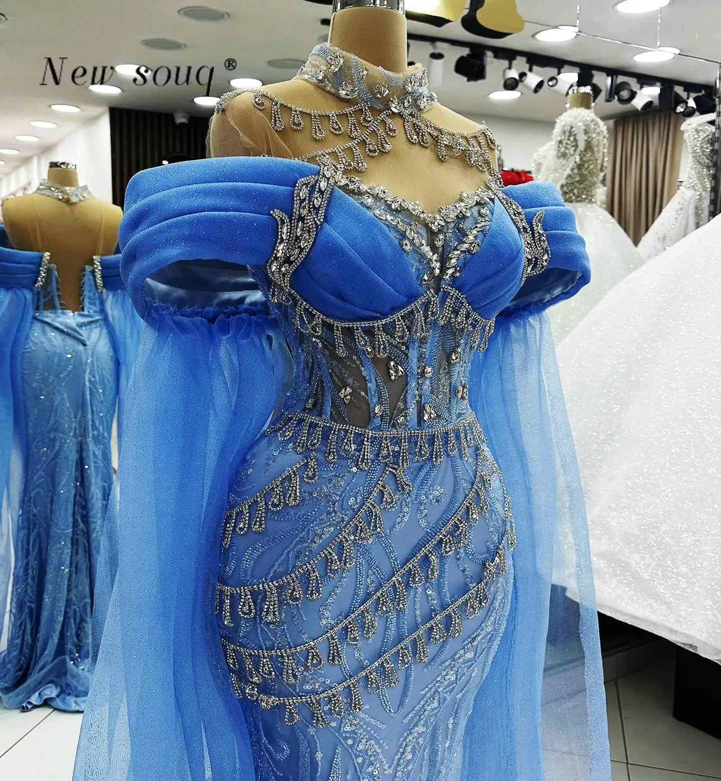 Arabic Blue Off Shoulder Mermaid Long Prom Dresses Formal Crystals Stones High Neck Sequins Wedding Guest Party Wear Gowns