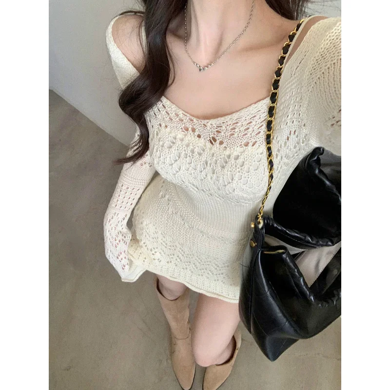 2024 autumn elegant knitwear women long sleeve lace short party dress Korean fashion slim sexy Y2K mini dress female vintage dre