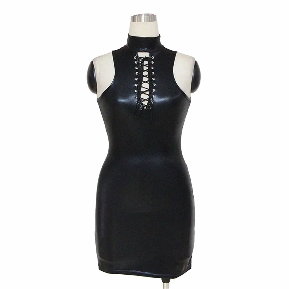 Sexy Wetlook Vinyl Leather Turtleneck Dress Women Skiny Dresses Black Punk Style Mini Skinny Dress