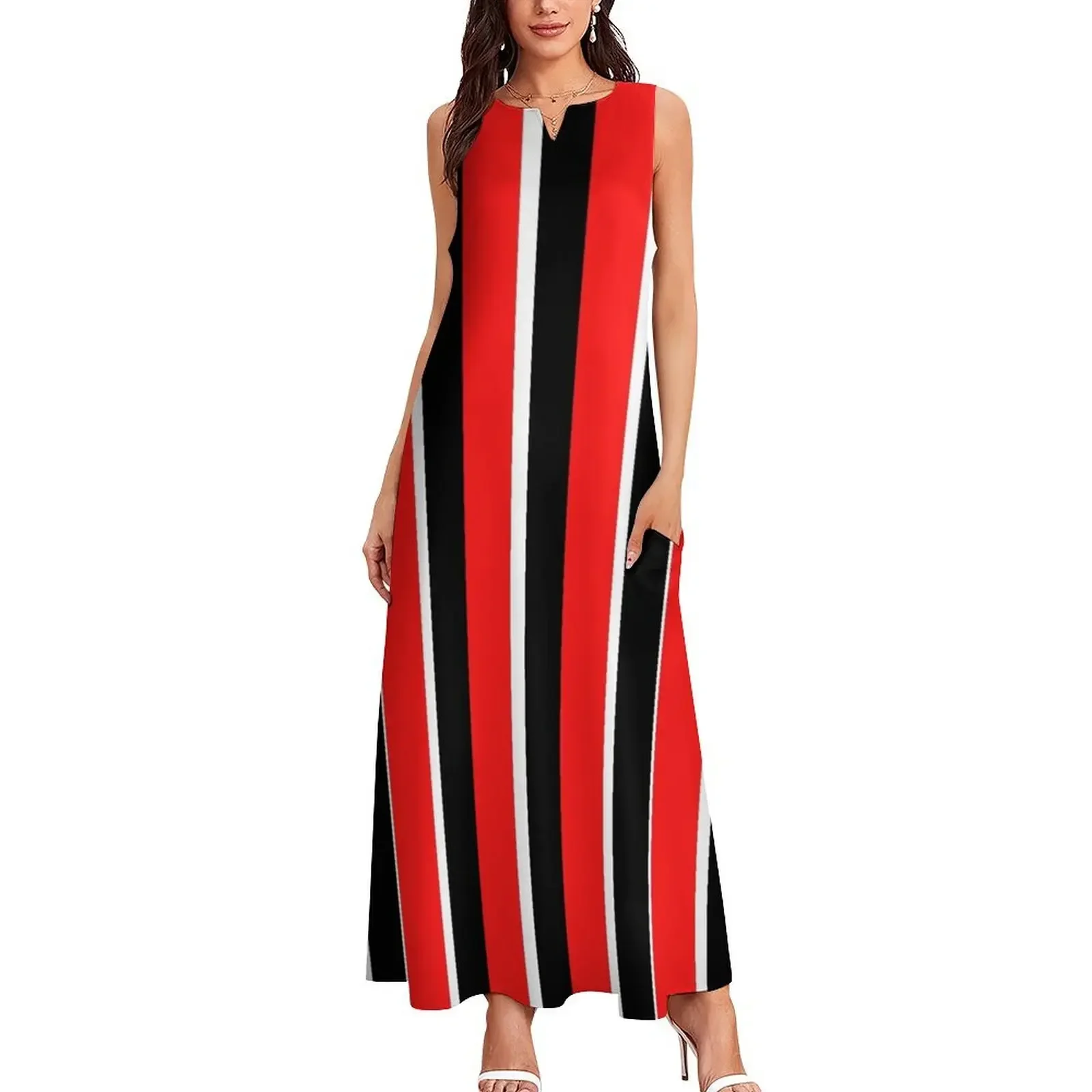 فستان طويل بتصميم مخطط باللونين الأحمر والأسود والأبيض فساتين صيفية للنساء 2025 فستان للحفلات الراقصة فساتين صيفية