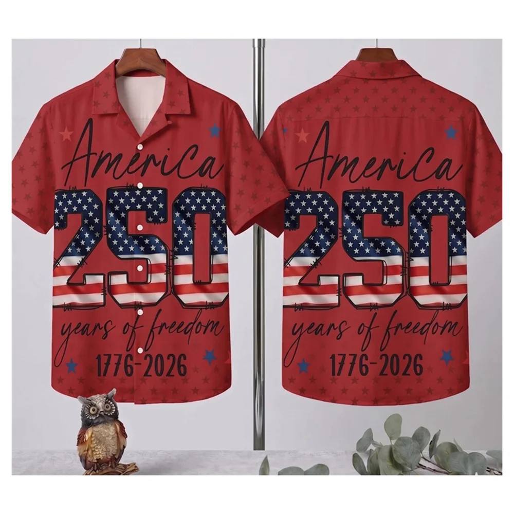 America 250 1776-2027 Retro Patriotic Shirt For Men Lapel Short Sleeve Single Breasted Oversized Shirts Personality Pop July 4