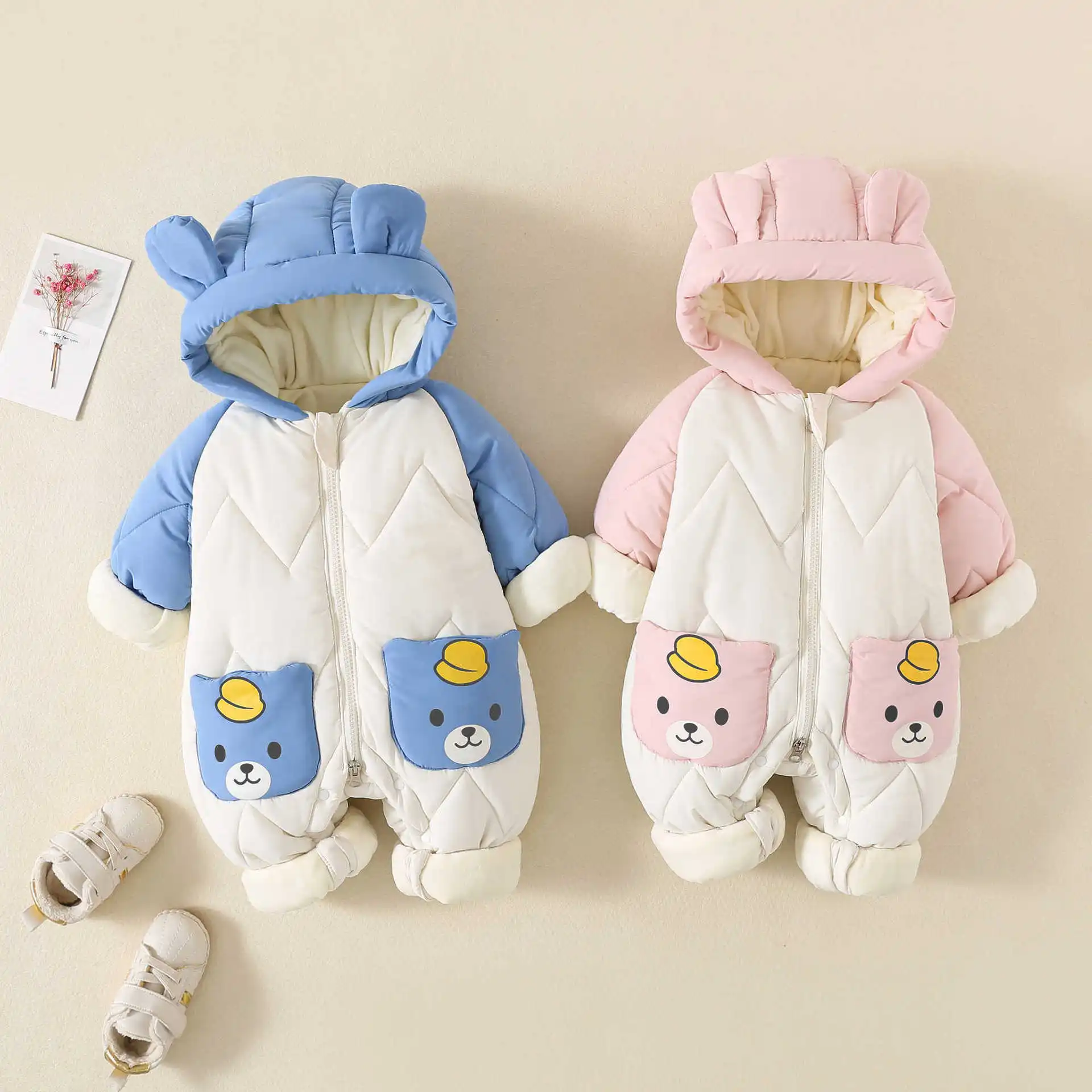 Winter Baby Outwear Clothing Fur Lining Warm Toddler Girl's Boy's Rompers Cartoon Bear Infant Jumpsuit
